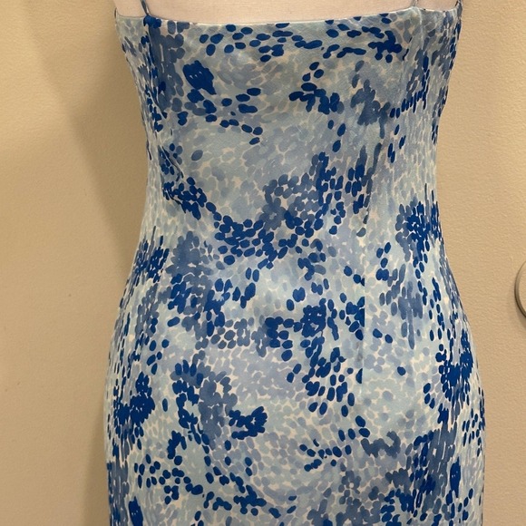 VTG 90s Ann Taylor Blue White Abstract Floral Silk Slip Dress Midi Fairy Size 4 - Picture 5 of 8